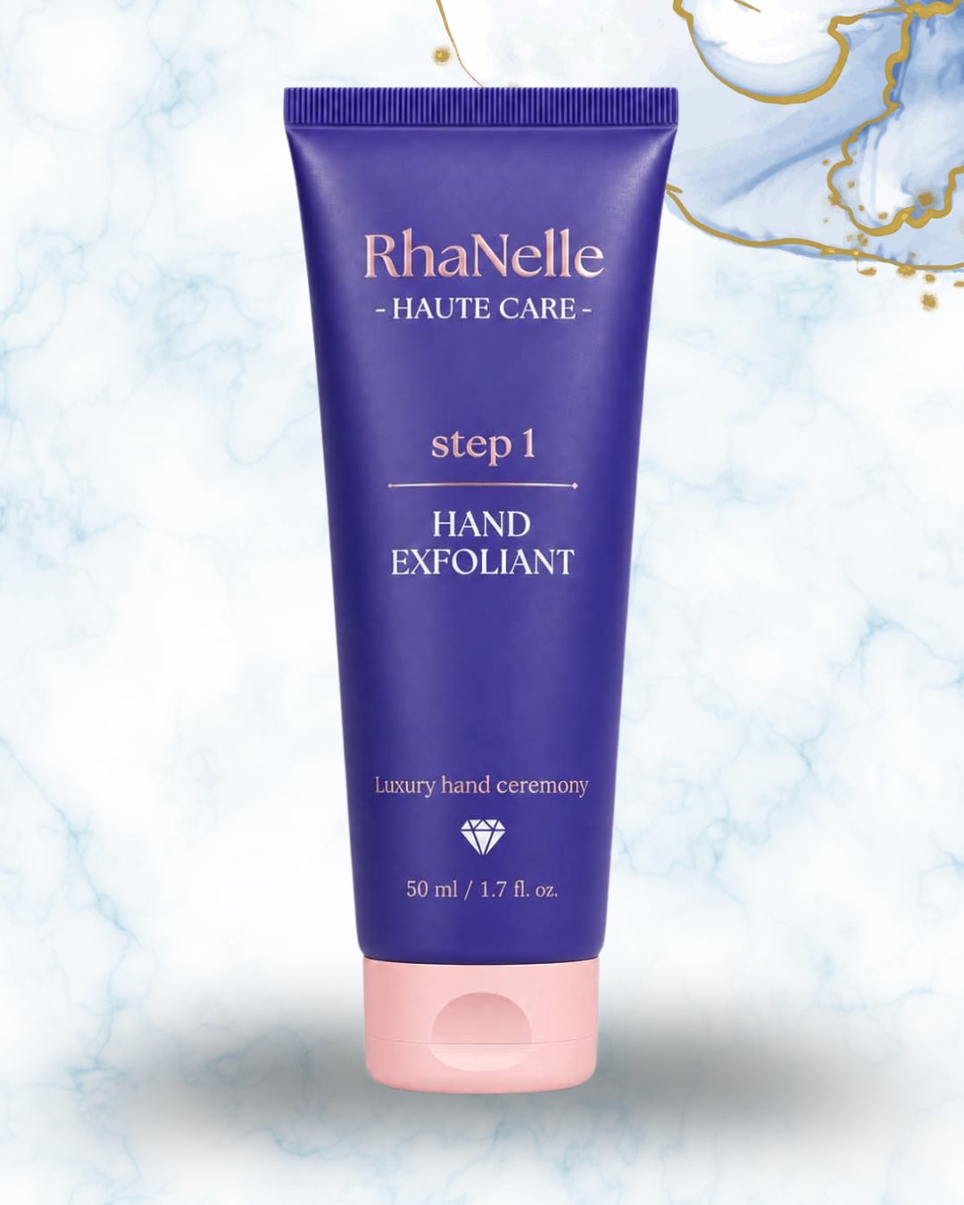 Туба RhaNelle Step 1 Hand Exfoliant 50 мл върху светъл мраморен фон