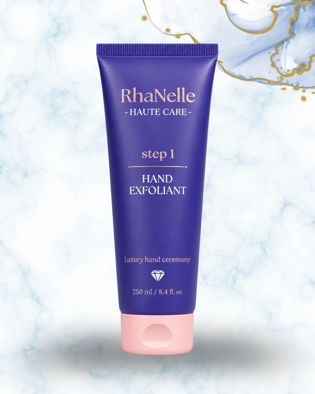 Туба RhaNelle Step 1 Hand Exfoliant 250 мл върху светъл мраморен фон